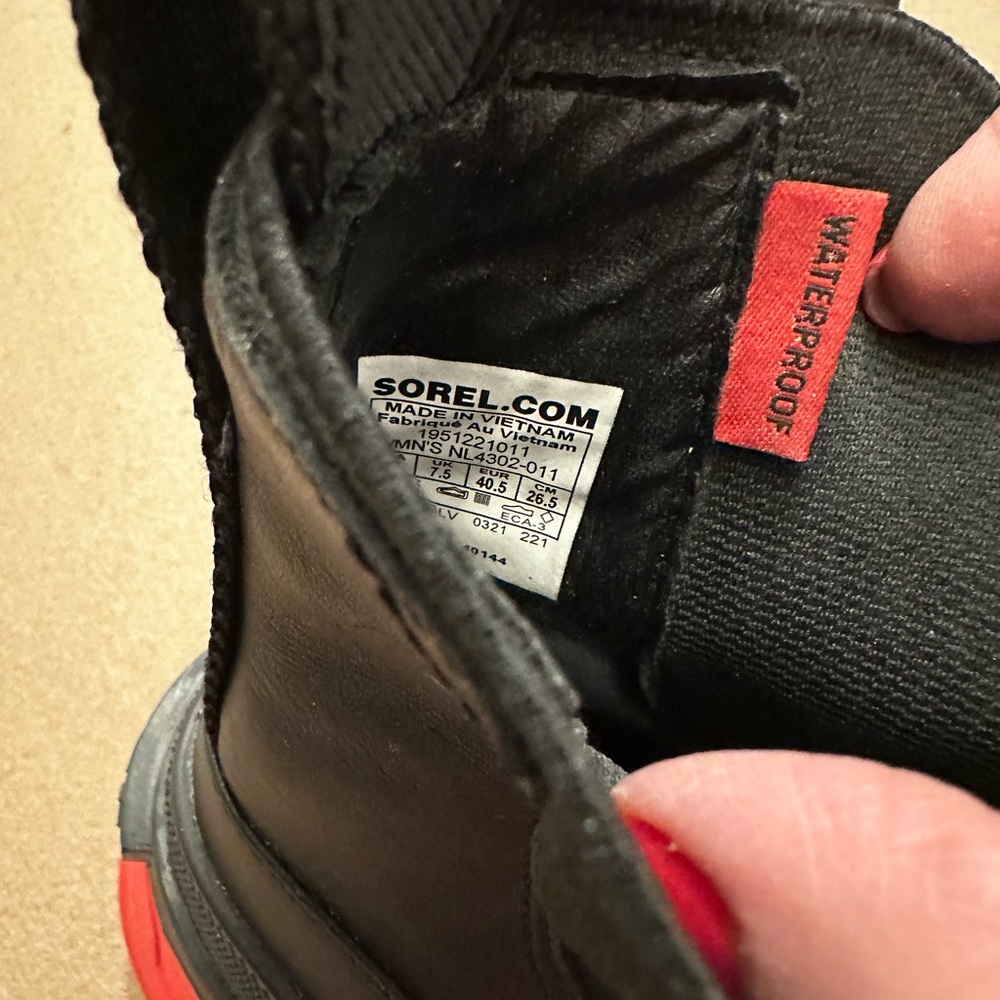 Sorel Black Leather Chelsea Boots with Red Lug Sole - Picture 10 of 10